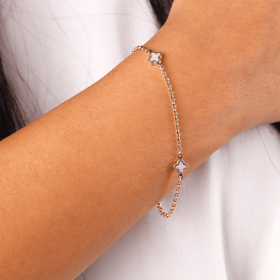 Pembe Taşlı Doç Zincirli Yonca Bileklik