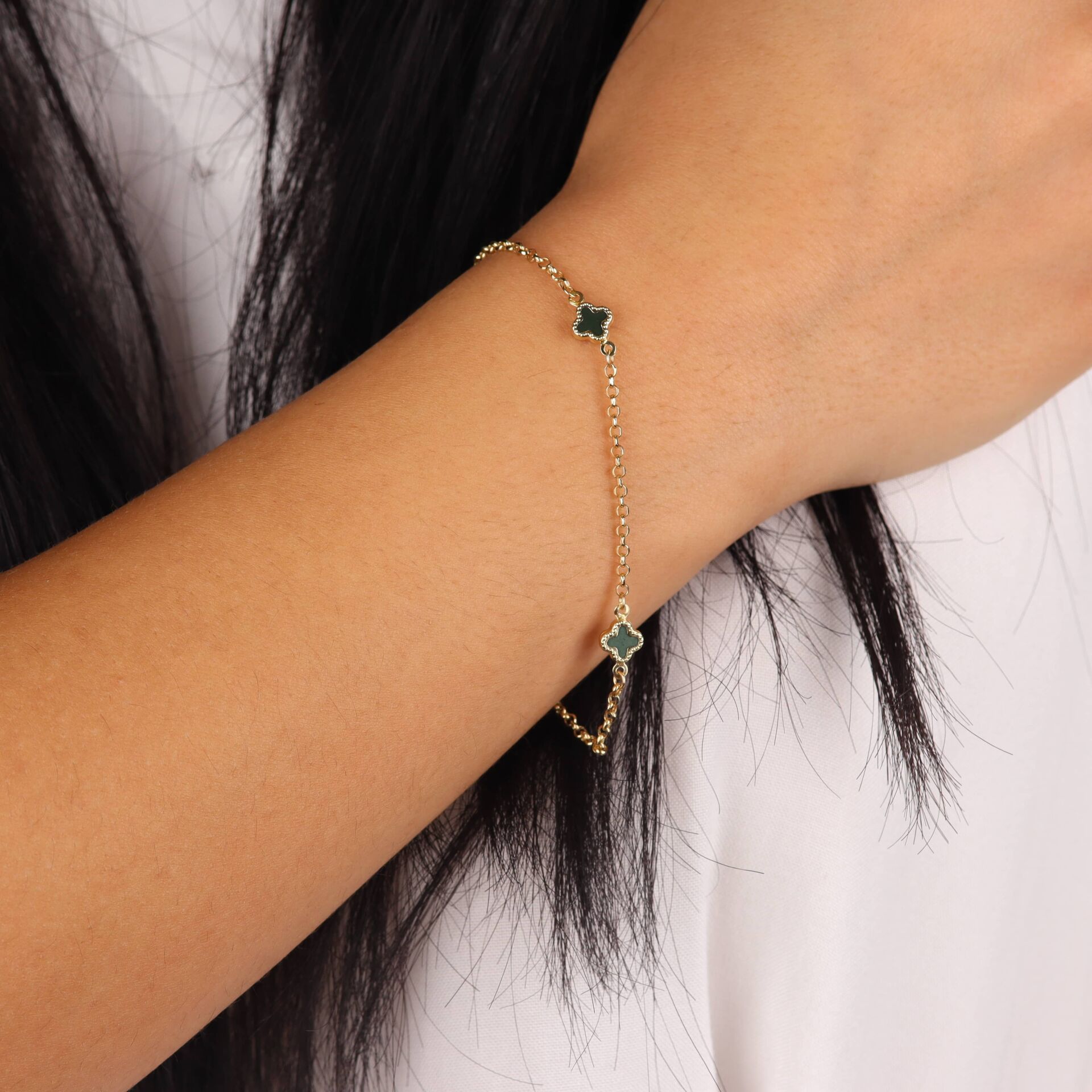 Yeşil Taşlı Doç Zincirli Yonca Bileklik