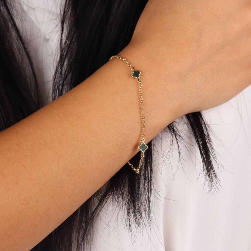 Yeşil Taşlı Doç Zincirli Yonca Bileklik