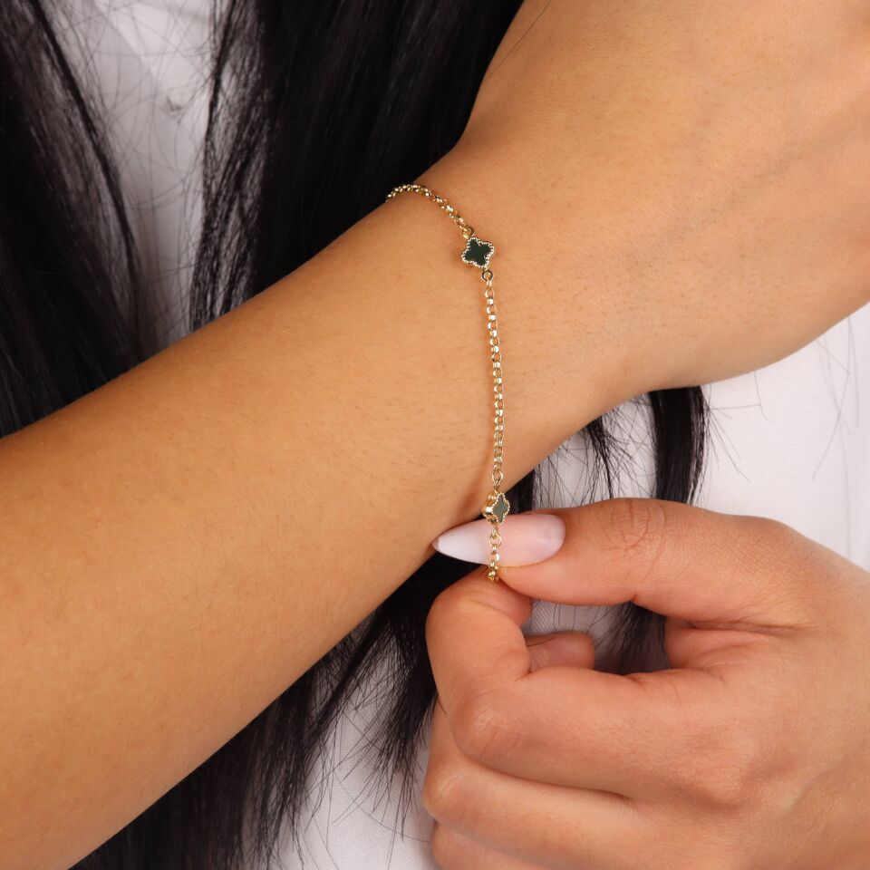 Yeşil Taşlı Doç Zincirli Yonca Bileklik