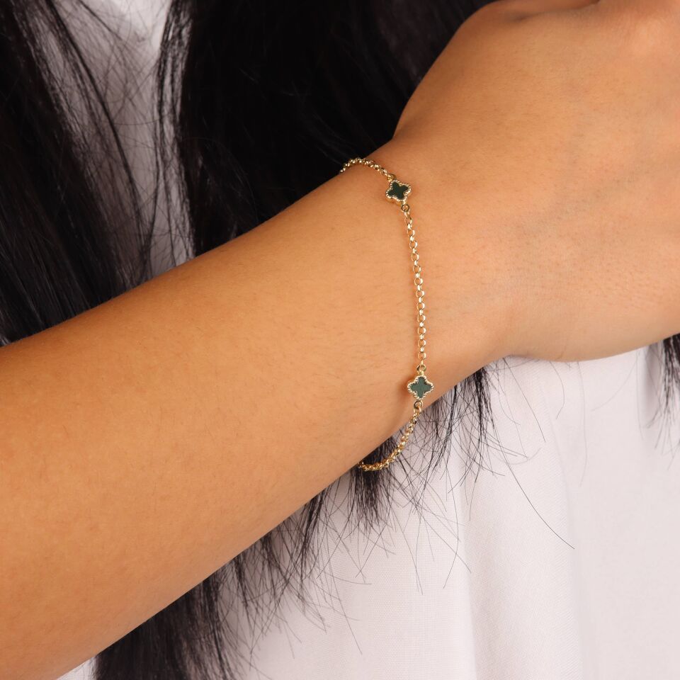 Yeşil Taşlı Doç Zincirli Yonca Bileklik