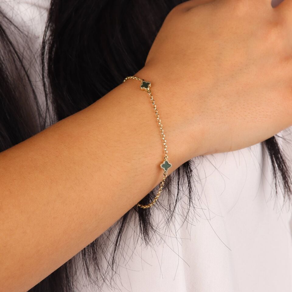 Yeşil Taşlı Doç Zincirli Yonca Bileklik
