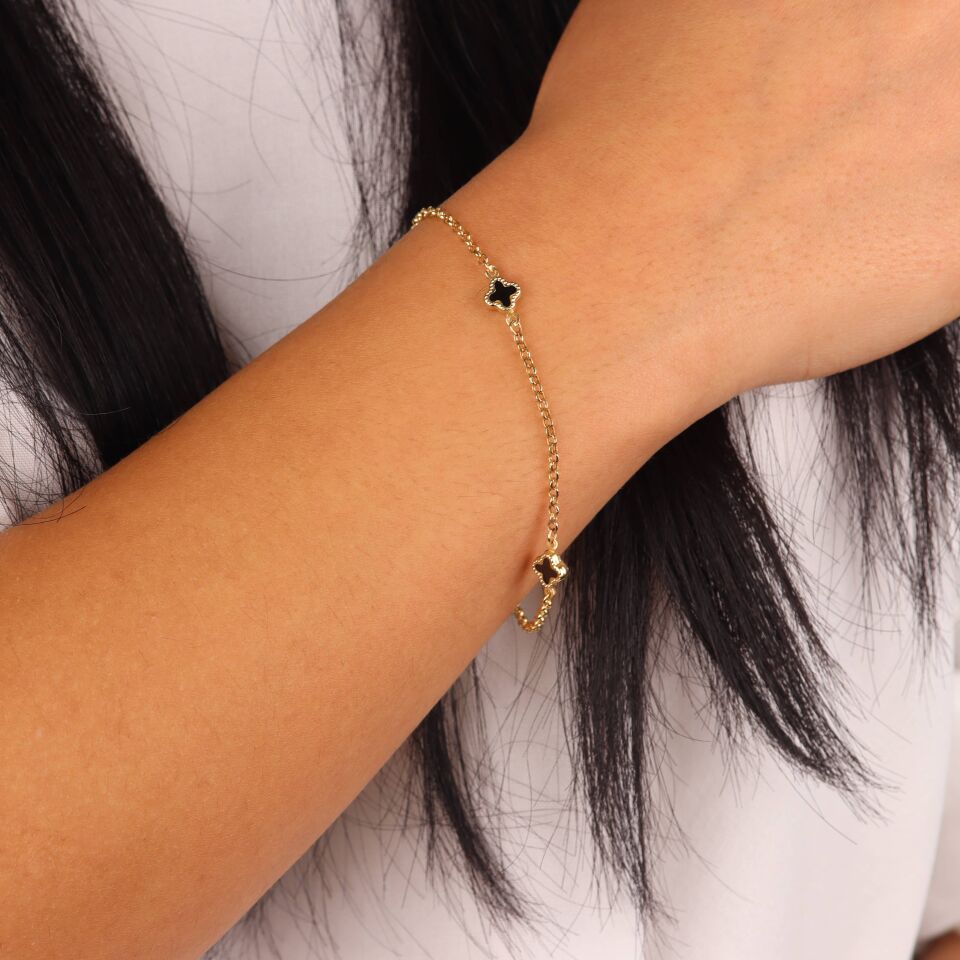 Siyah Taşlı Doç Zincirli Yonca Bileklik