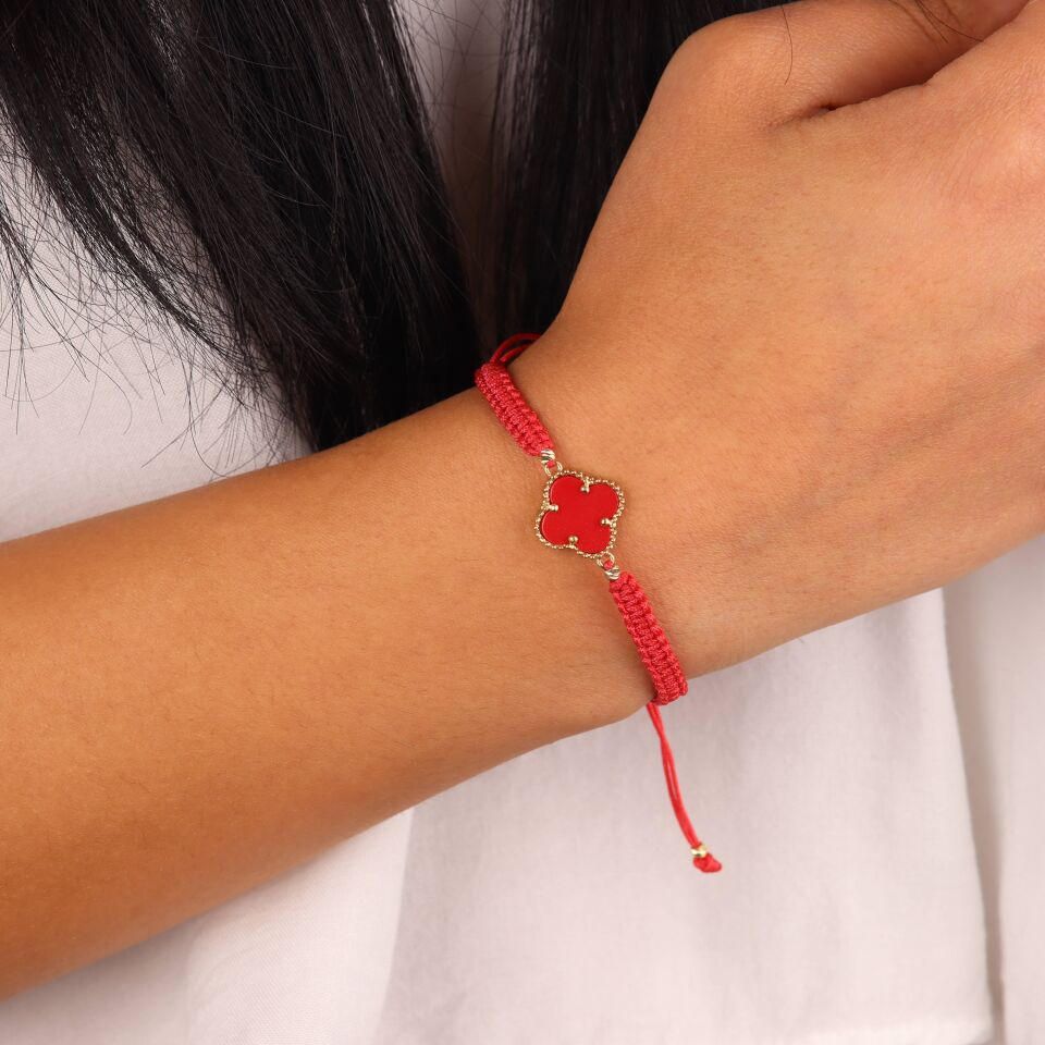 Kırmızı Taşlı Yonca İp Bileklik