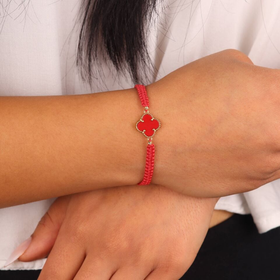 Kırmızı Taşlı Yonca İp Bileklik