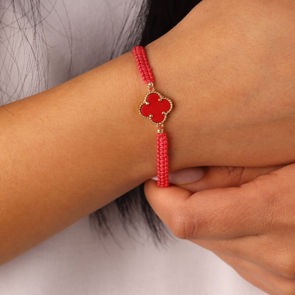 Kırmızı Taşlı Yonca İp Bileklik