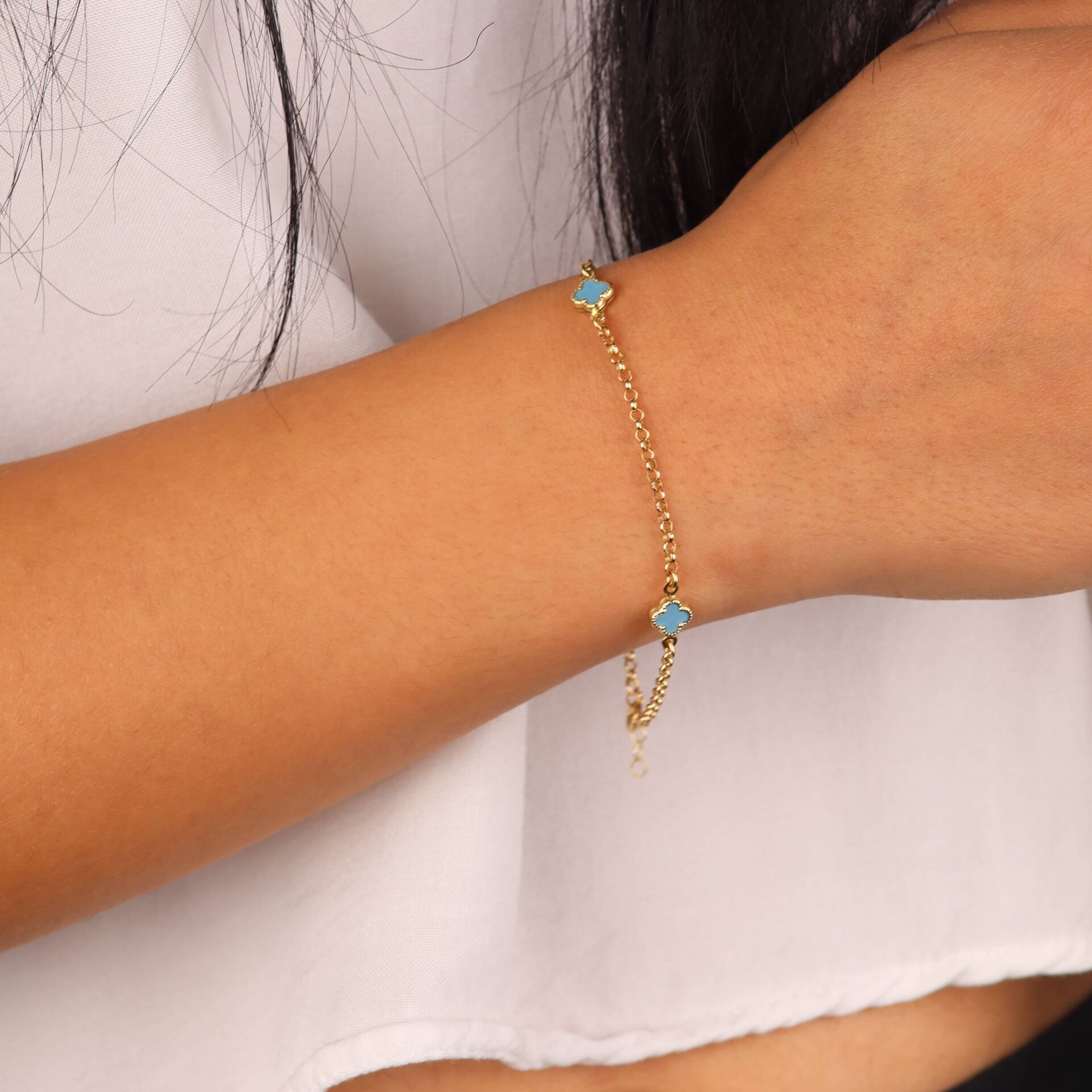 Mavi Taşlı Doç Zincirli Yonca Bileklik