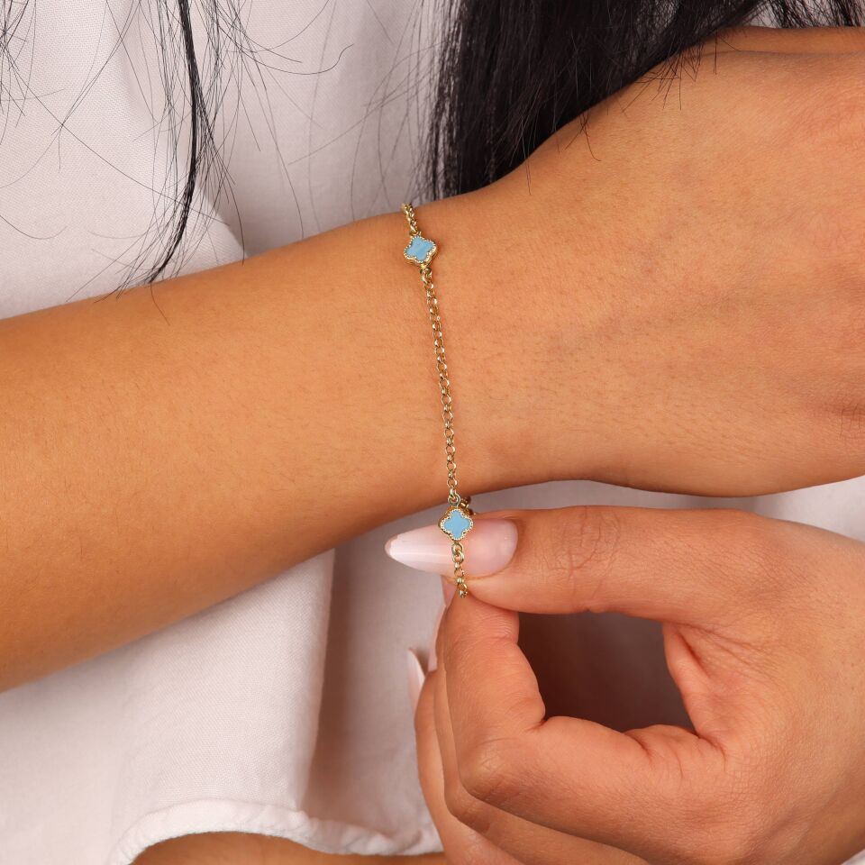 Mavi Taşlı Doç Zincirli Yonca Bileklik