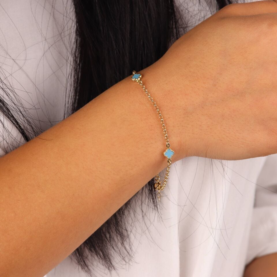 Mavi Taşlı Doç Zincirli Yonca Bileklik