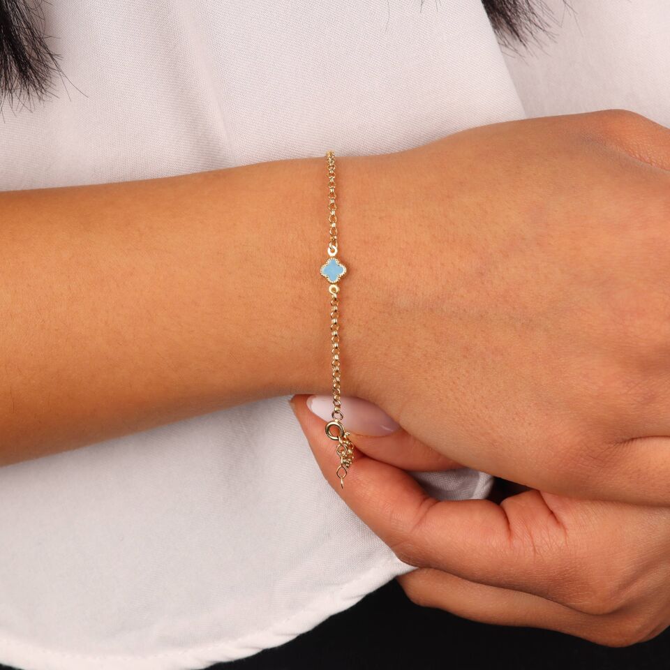 Mavi Taşlı Doç Zincirli Yonca Bileklik