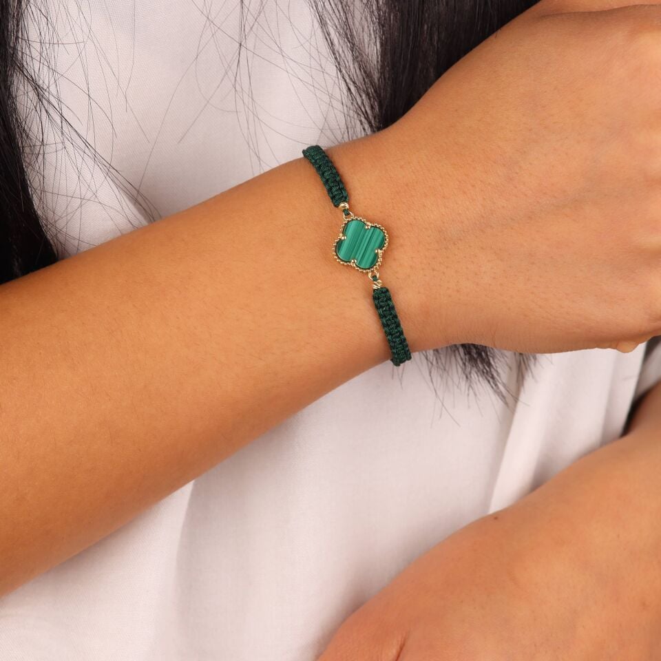 Yeşil Taşlı Yonca İp Bileklik