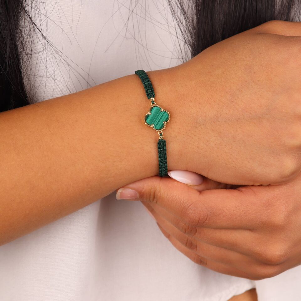 Yeşil Taşlı Yonca İp Bileklik