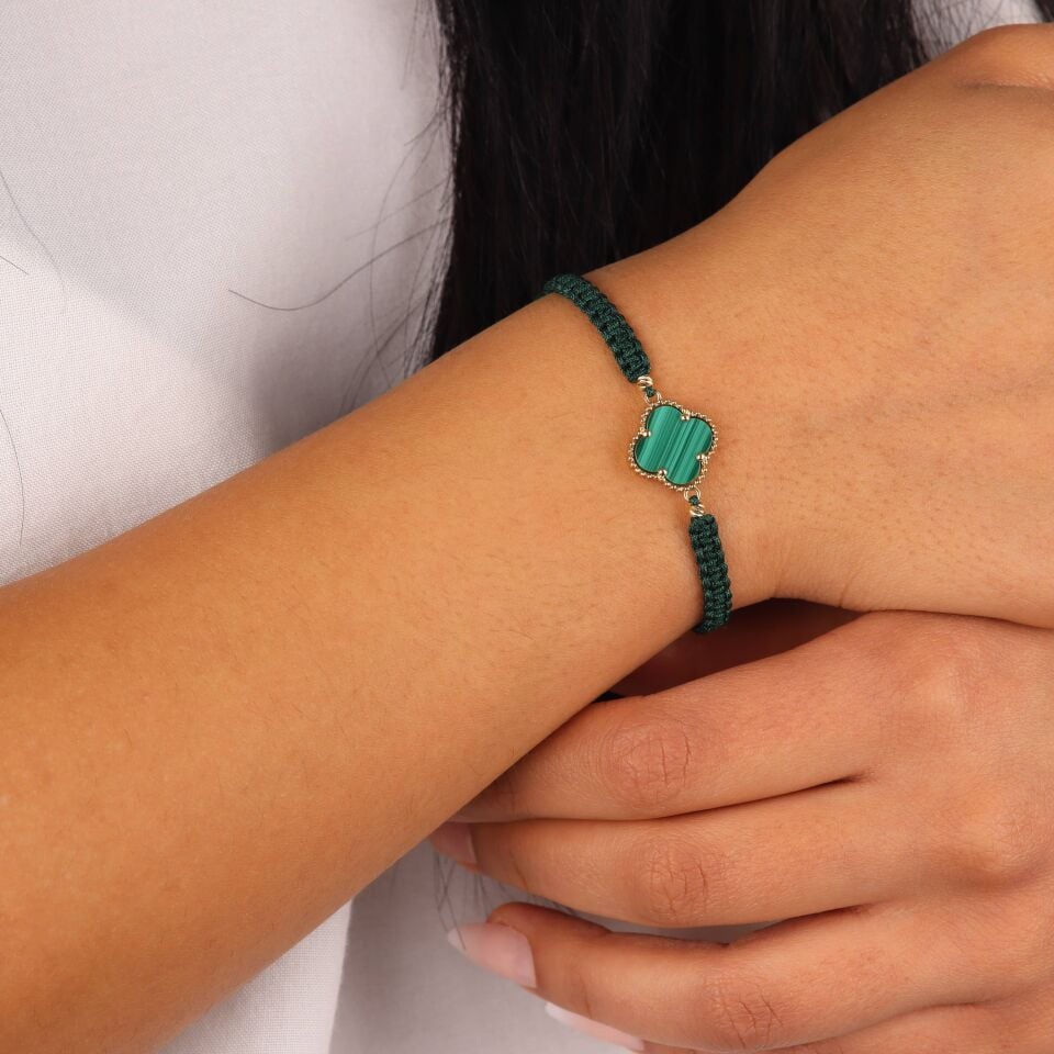 Yeşil Taşlı Yonca İp Bileklik