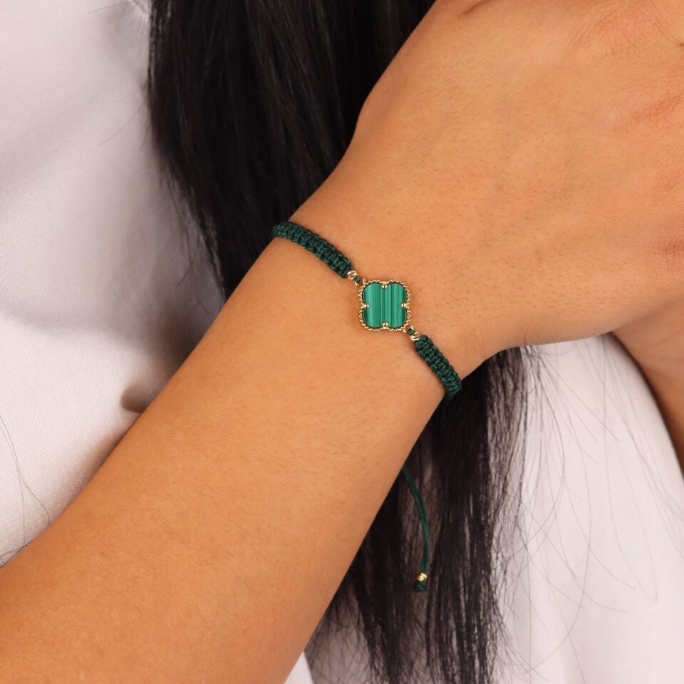 Yeşil Taşlı Yonca İp Bileklik