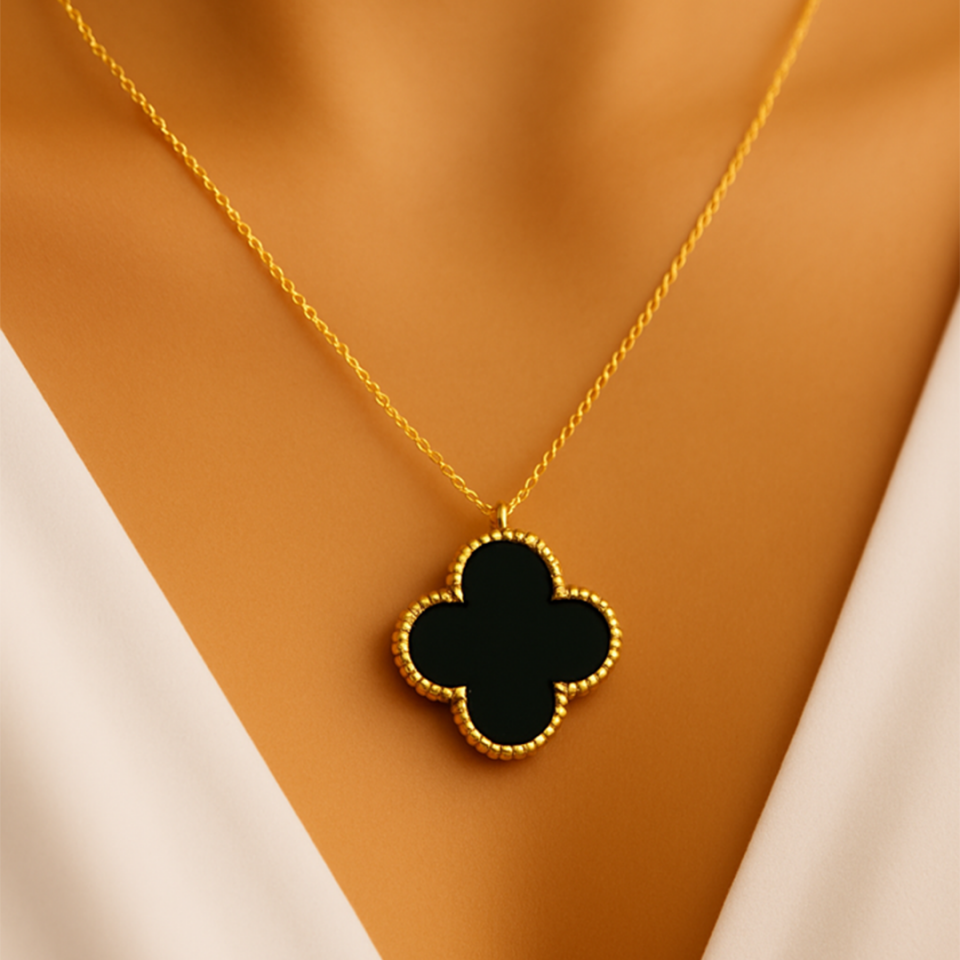 14 Ayar Altın Siyah Yonca Kolye ( XXL )