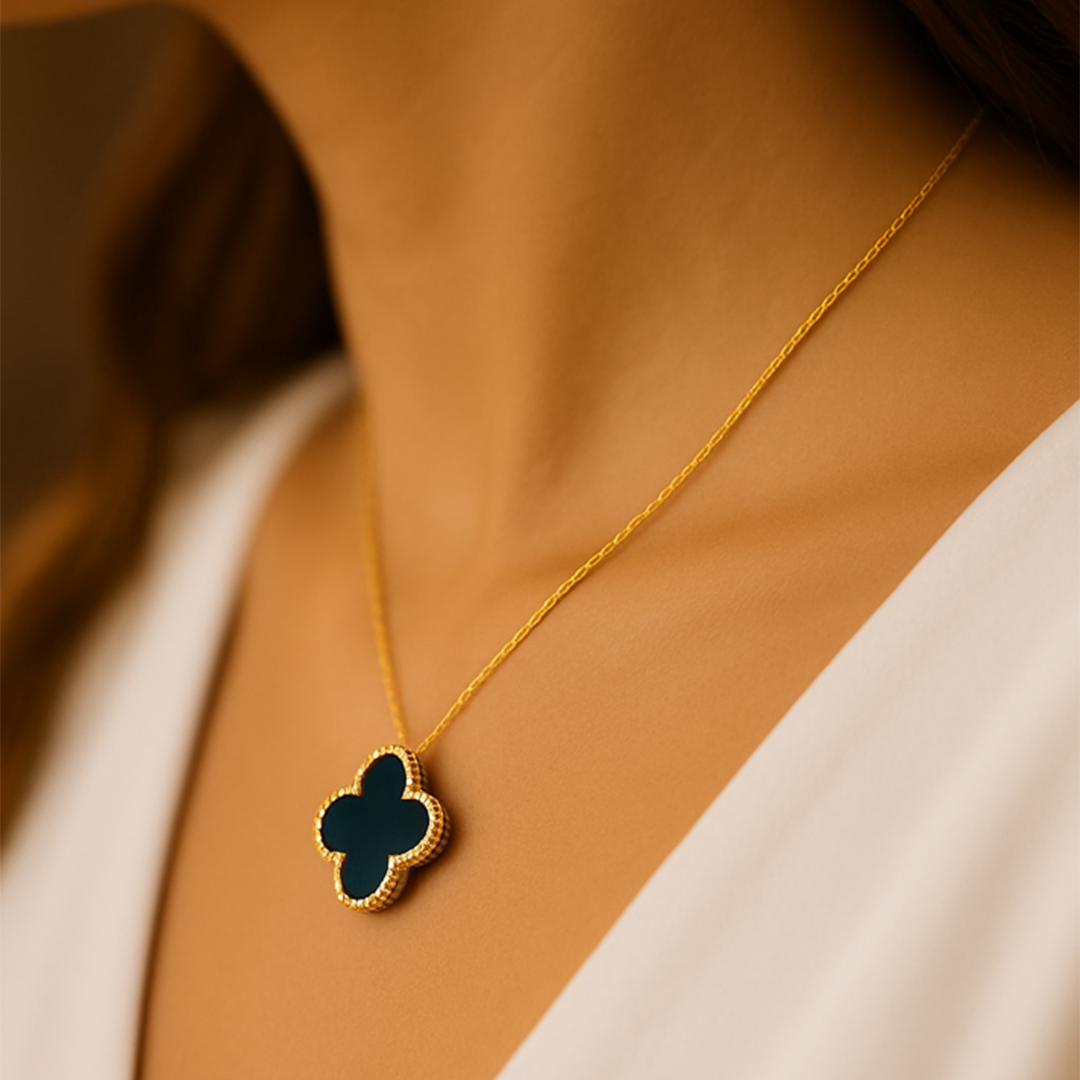 14 Ayar Altın Siyah Yonca Kolye ( XXL )