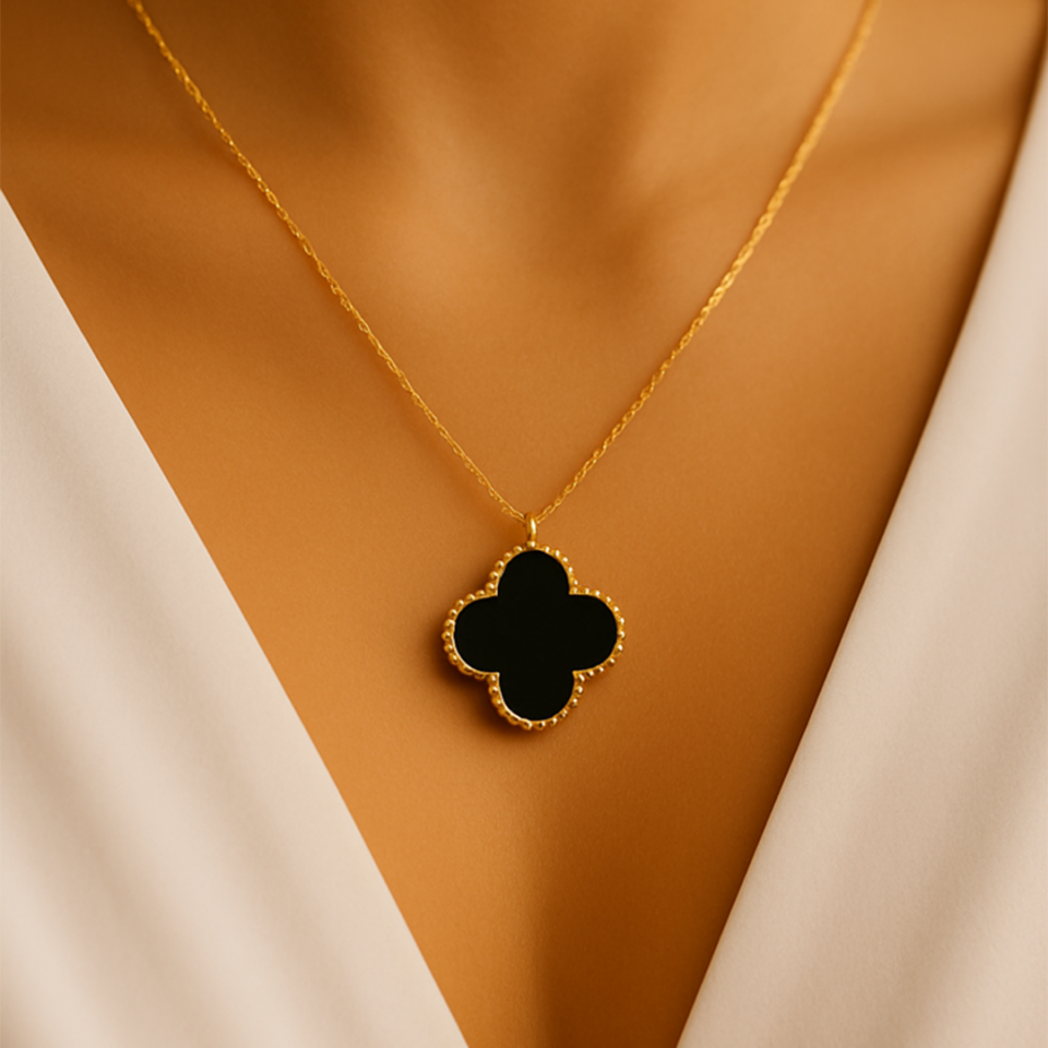 14 Ayar Altın Siyah Yonca Kolye ( XXL )