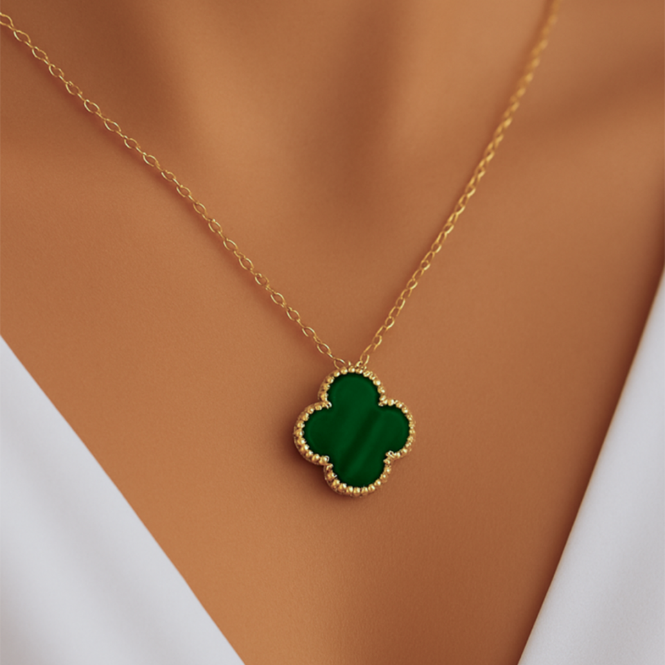 14 Ayar Altın Yeşil Yonca Kolye ( XL )