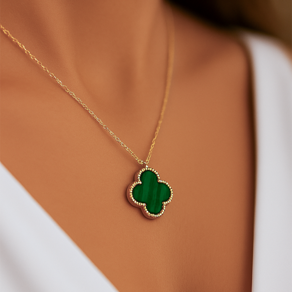 14 Ayar Altın Yeşil Yonca Kolye ( XL )