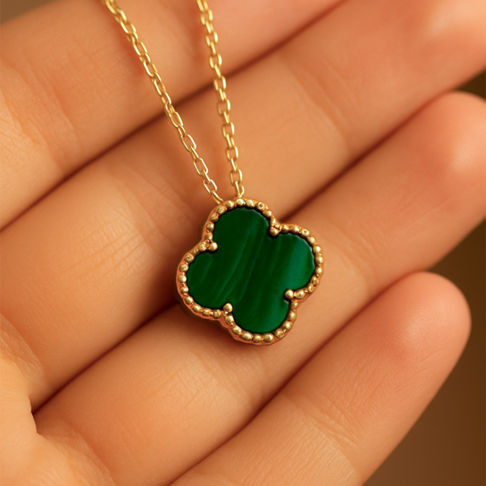 14 Ayar Altın Yeşil Yonca Kolye ( XL )