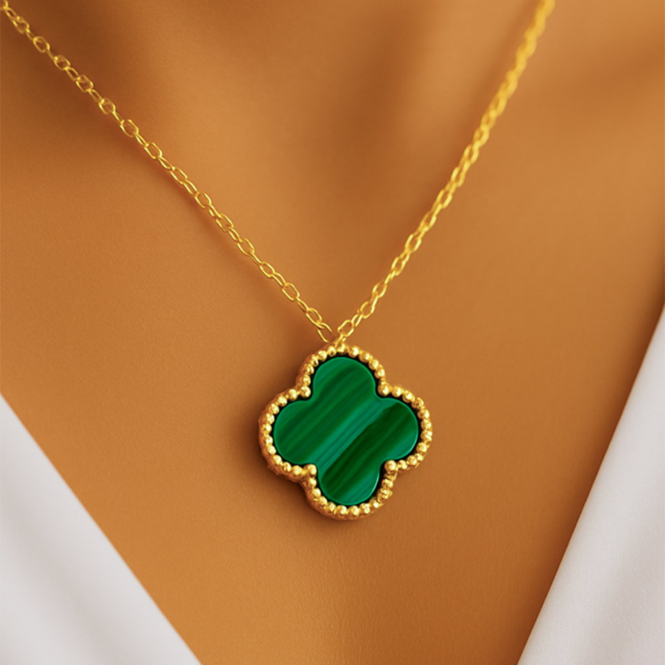 14 Ayar Altın Yeşil Yonca Kolye ( XXL )