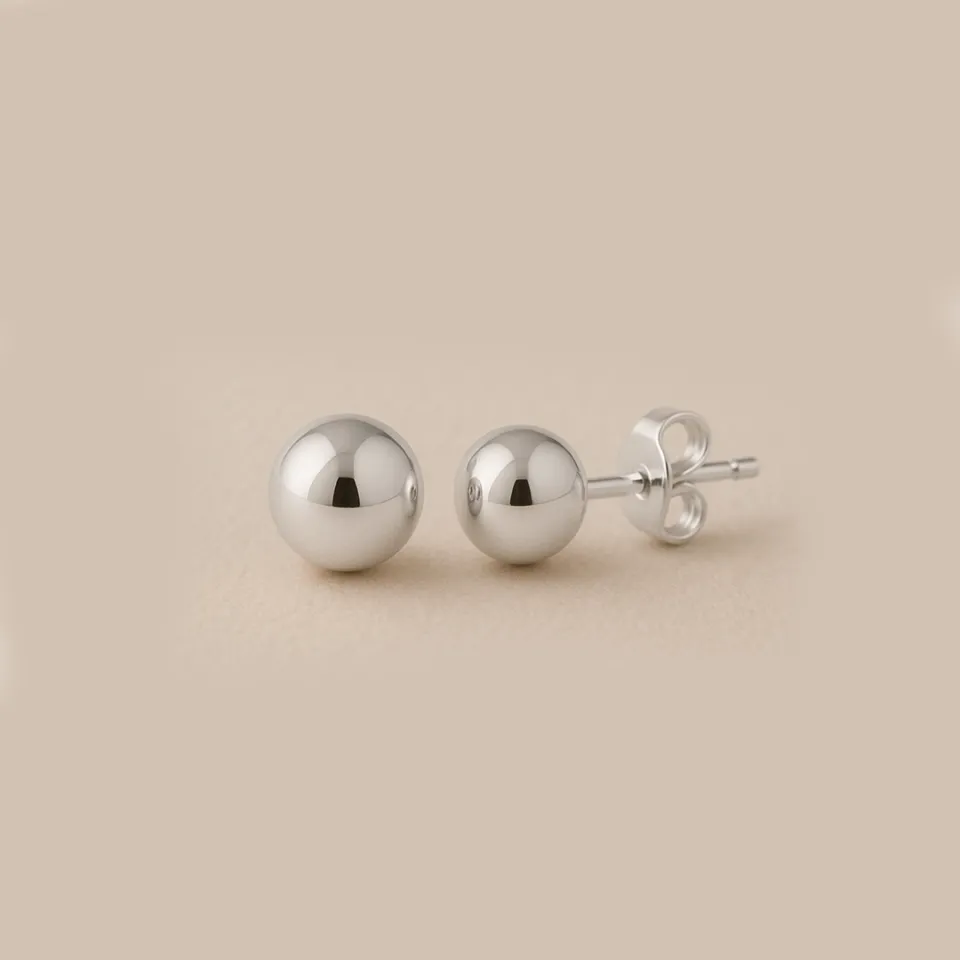 14 Ayar Beyaz Altın Parlak Top Küpe (6 mm)