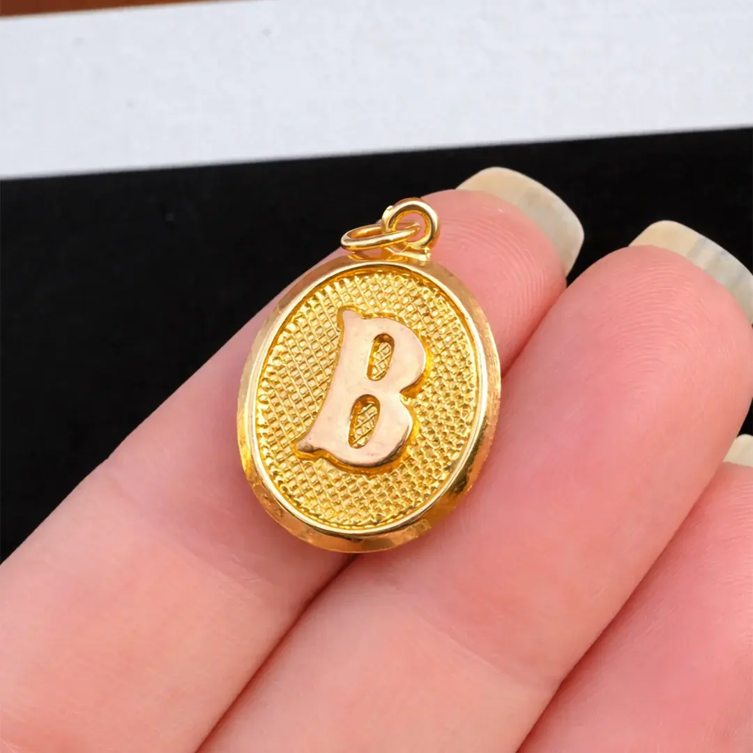 14 Ayar Altın Vintage Oval Harf Kolye Ucu ( B Harfi )