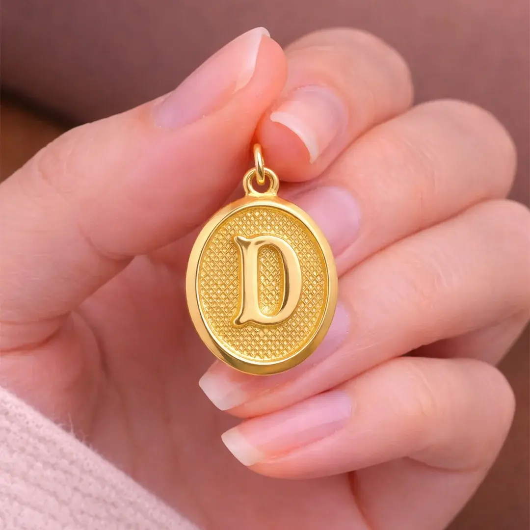 14 Ayar Altın Vintage Oval Harf Kolye Ucu ( D Harfi )