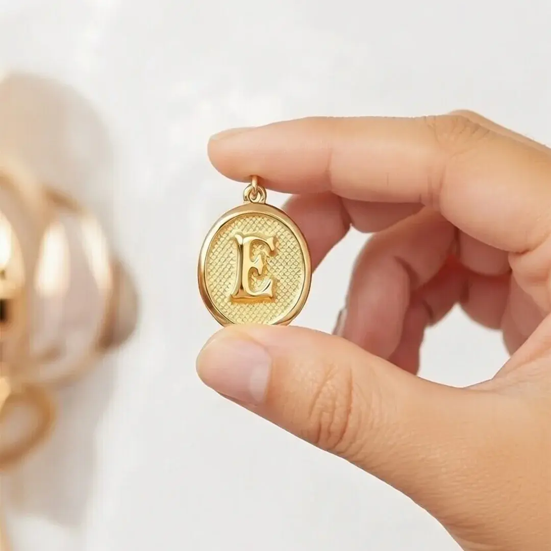 14 Ayar Altın Vintage Oval Harf Kolye Ucu ( E Harfi )