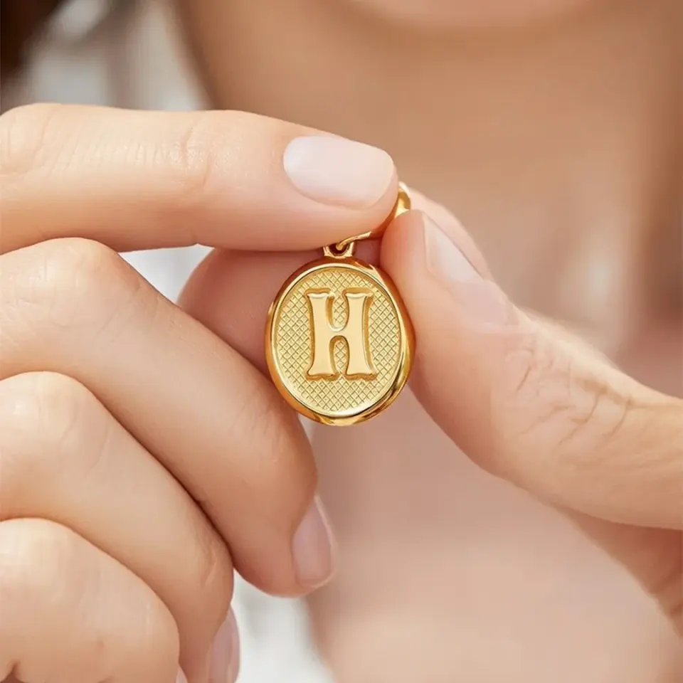 14 Ayar Altın Vintage Oval Harf Kolye Ucu ( H Harfi )