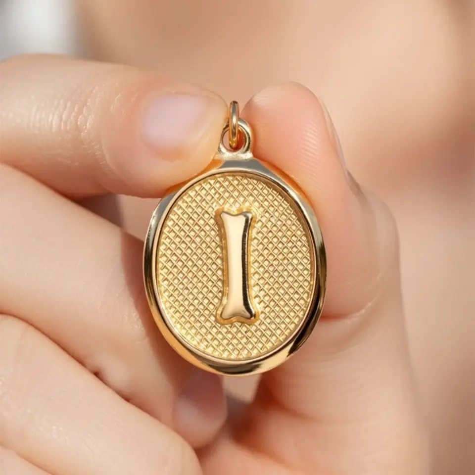 14 Ayar Altın Vintage Oval Harf Kolye Ucu ( I Harfi )