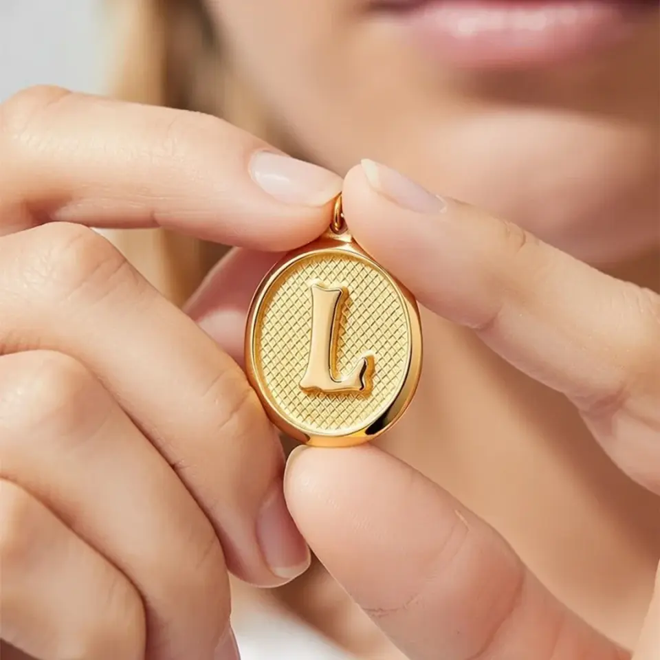 14 Ayar Altın Vintage Oval Harf Kolye Ucu ( L Harfi )
