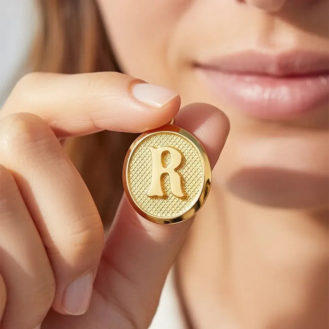 14 Ayar Altın Vintage Oval Harf Kolye Ucu ( R Harfi )