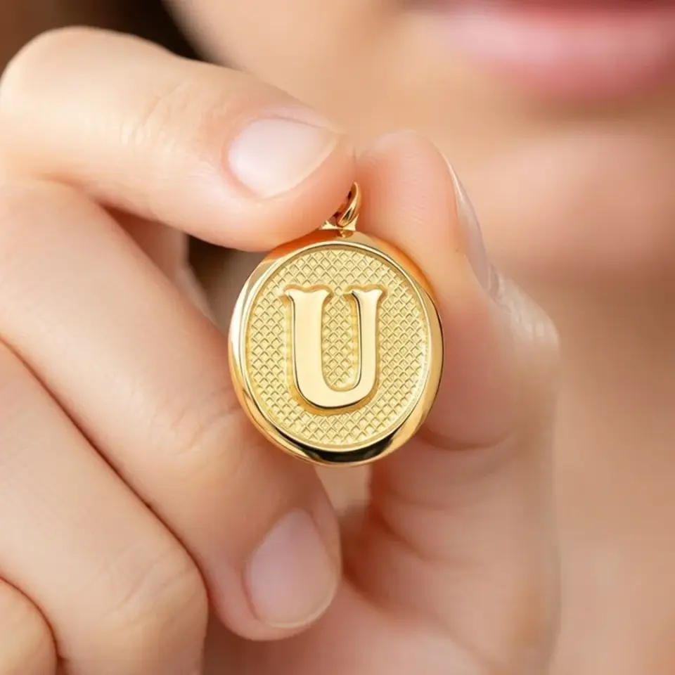 14 Ayar Altın Vintage Oval Harf Kolye Ucu ( U Harfi )