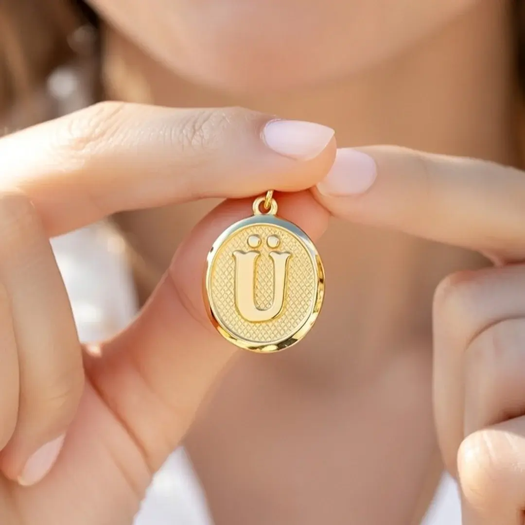 14 Ayar Altın Vintage Oval Harf Kolye Ucu ( Ü Harfi )