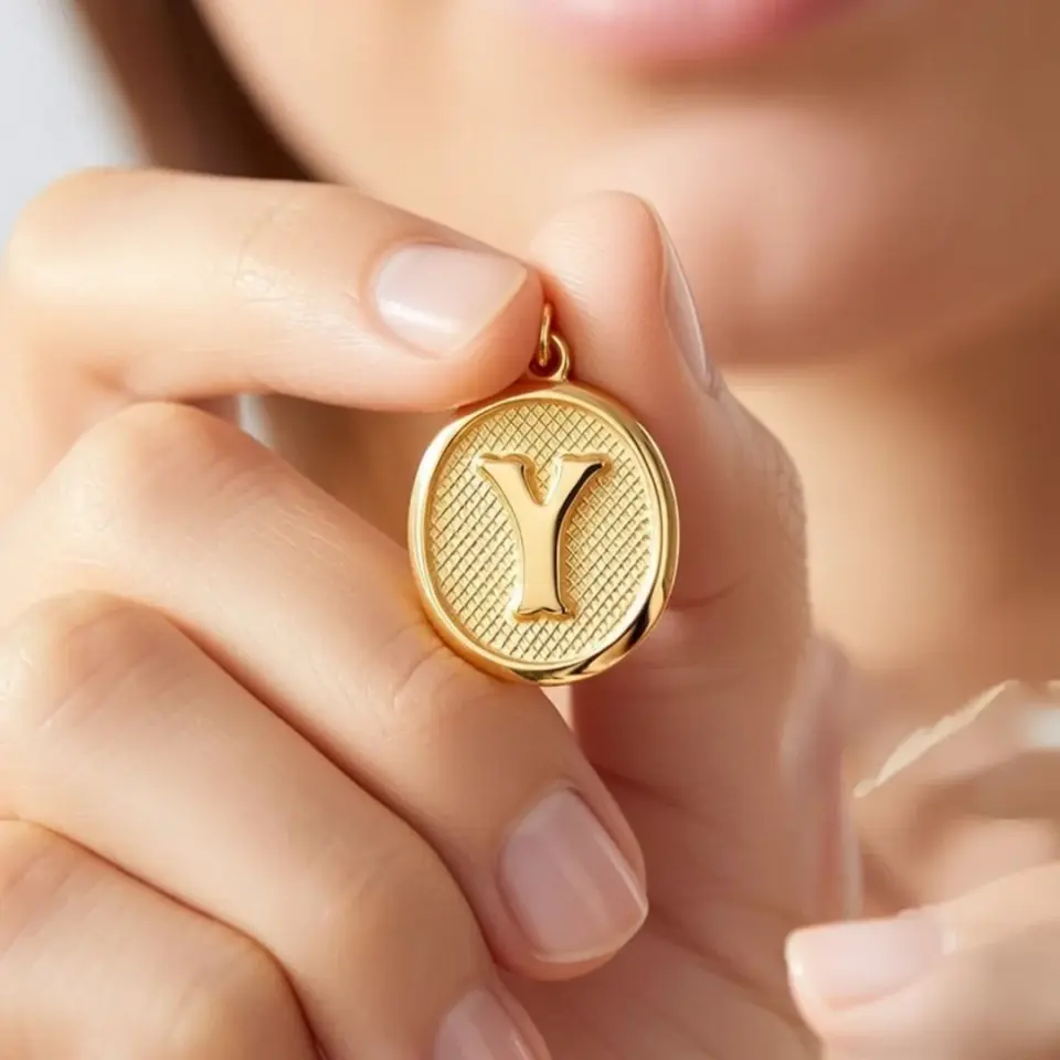 14 Ayar Altın Vintage Oval Harf Kolye Ucu ( Y Harfi )