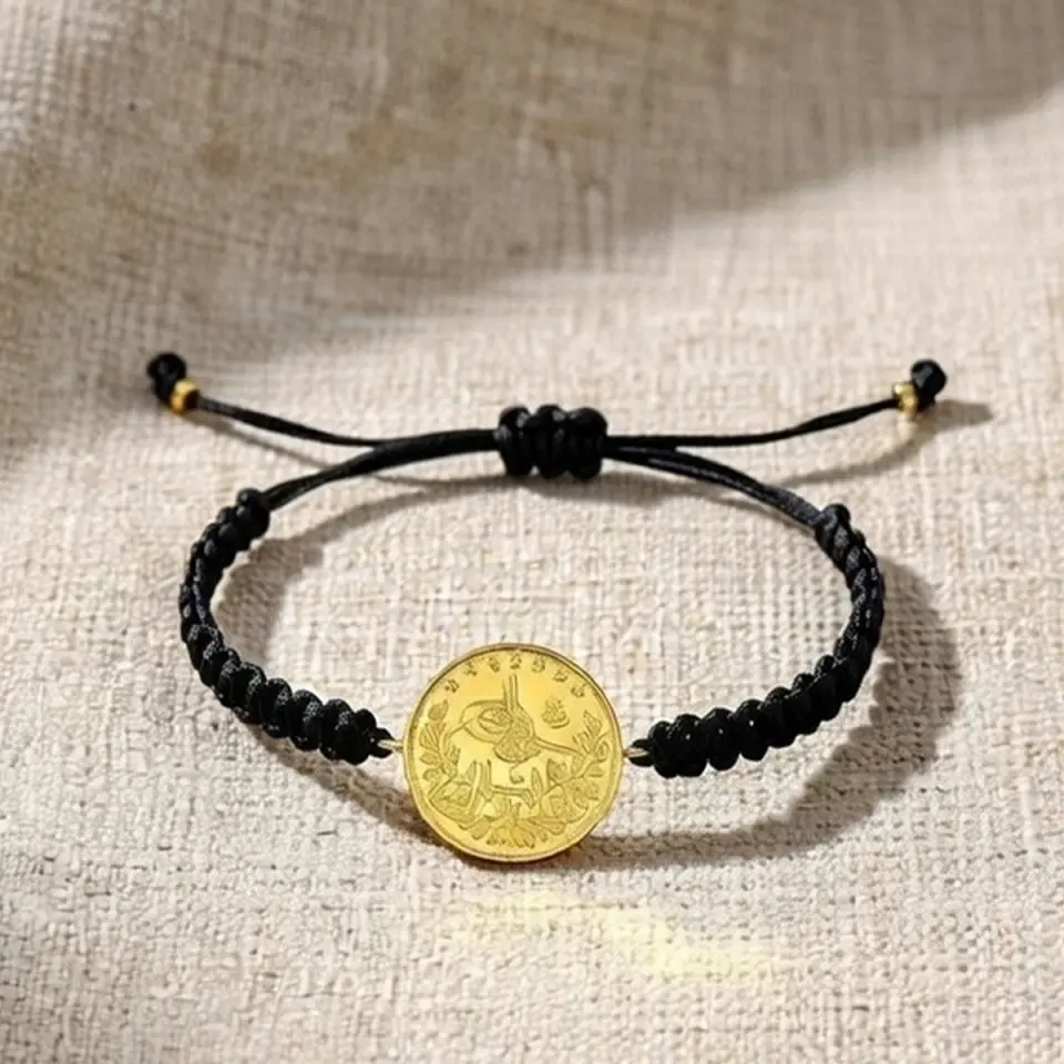 8 Ayar Altın Tuğralı İpli Bileklik (Siyah)