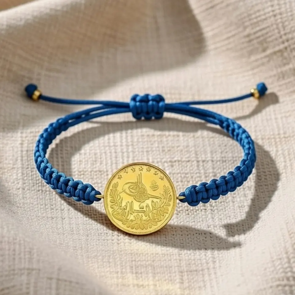 8 Ayar Altın Tuğralı İpli Bileklik (Mavi)