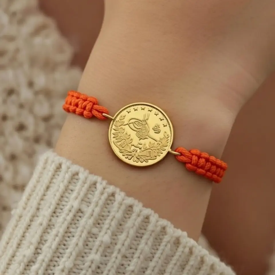 8 Ayar Altın Tuğralı İpli Bileklik (Turuncu)