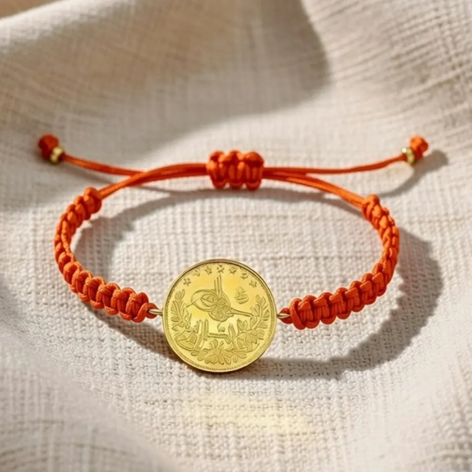 8 Ayar Altın Tuğralı İpli Bileklik (Turuncu)