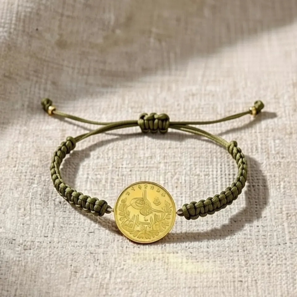 8 Ayar Altın Tuğralı İpli Bileklik (Haki Yeşil)