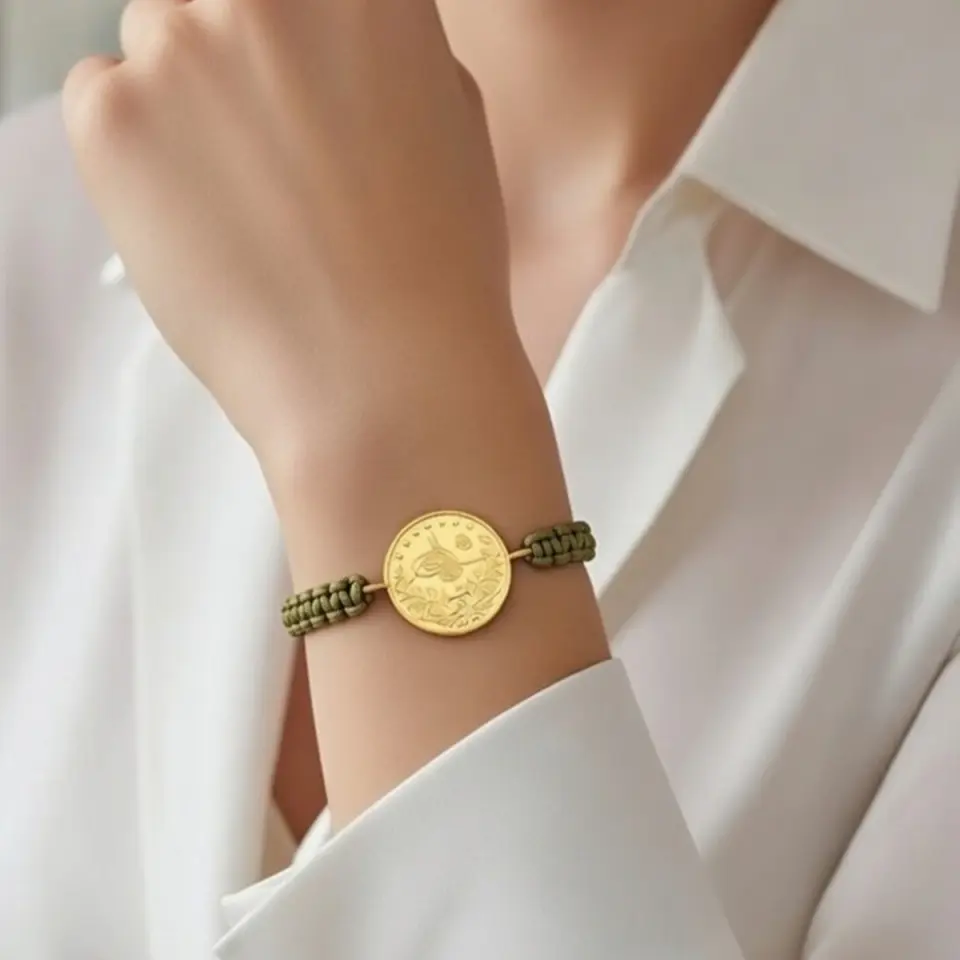 8 Ayar Altın Tuğralı İpli Bileklik (Haki Yeşil)