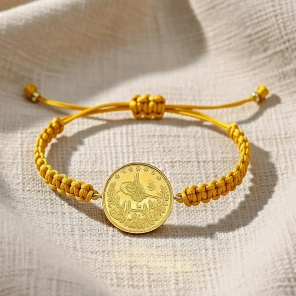 8 Ayar Altın Tuğralı İpli Bileklik (Sarı)