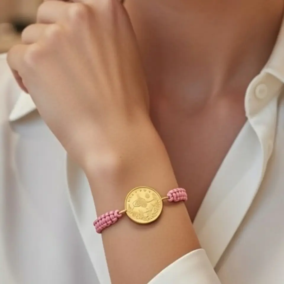 8 Ayar Altın Tuğralı İpli Bileklik (Pembe)