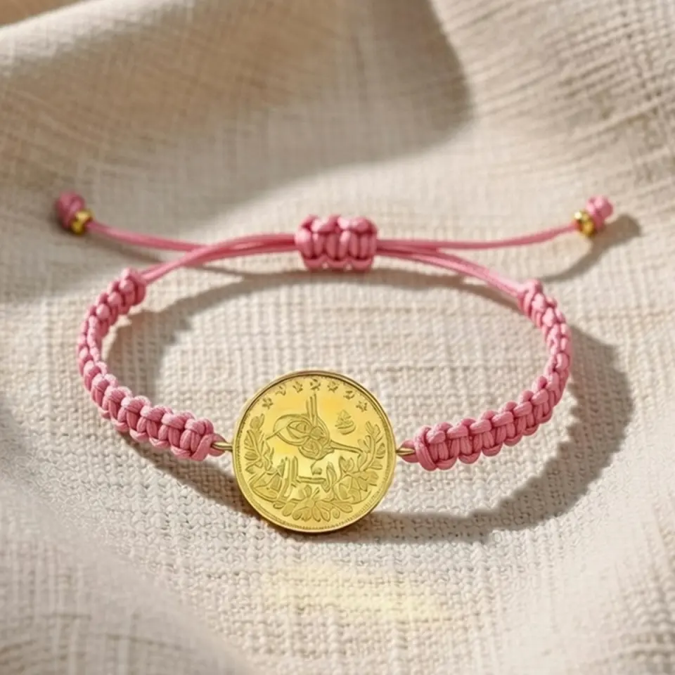 8 Ayar Altın Tuğralı İpli Bileklik (Pembe)