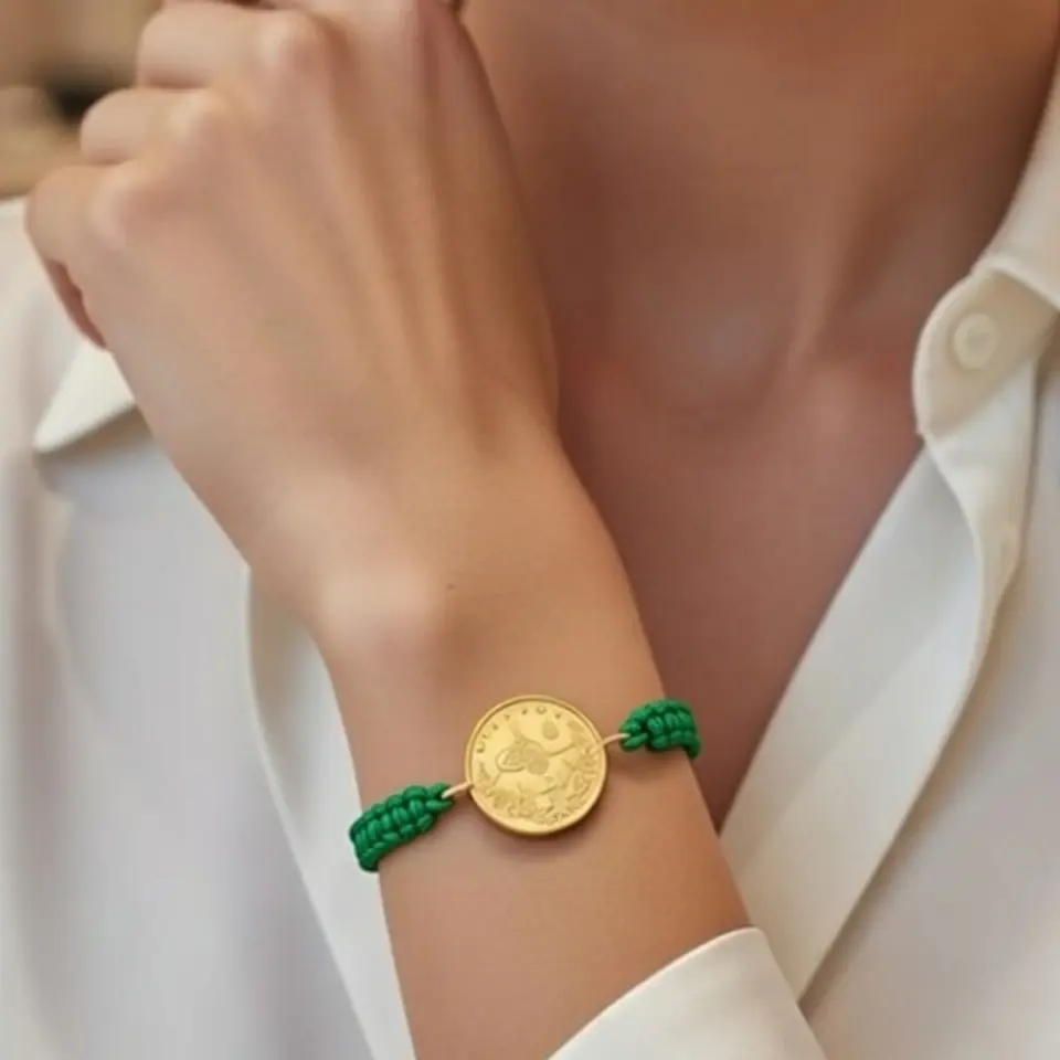 8 Ayar Altın Tuğralı İpli Bileklik (Yeşil)