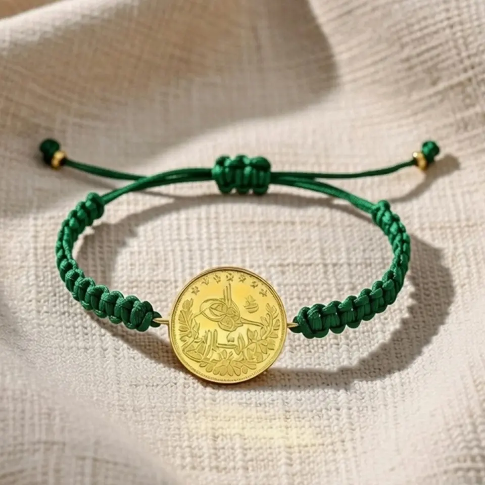 8 Ayar Altın Tuğralı İpli Bileklik (Yeşil)