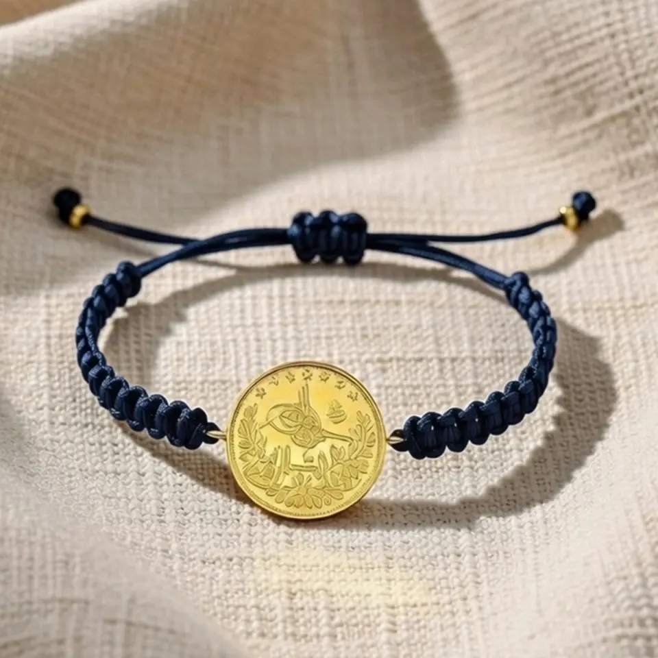 8 Ayar Altın Tuğralı İpli Bileklik (Lacivert)